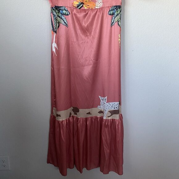 Pink Satin Button Up Maxi Ruffle Sleeve Tiered Dress M Tropical Animal Print Art - Picture 9 of 16